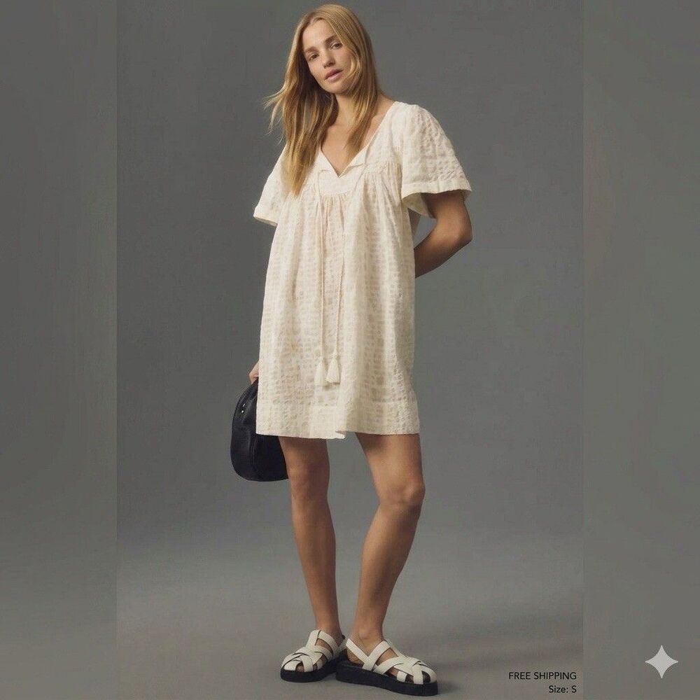 Porridge Dress Womens M White Trapeze Swing Short Sleeve Scoop Neck Tassel Lined